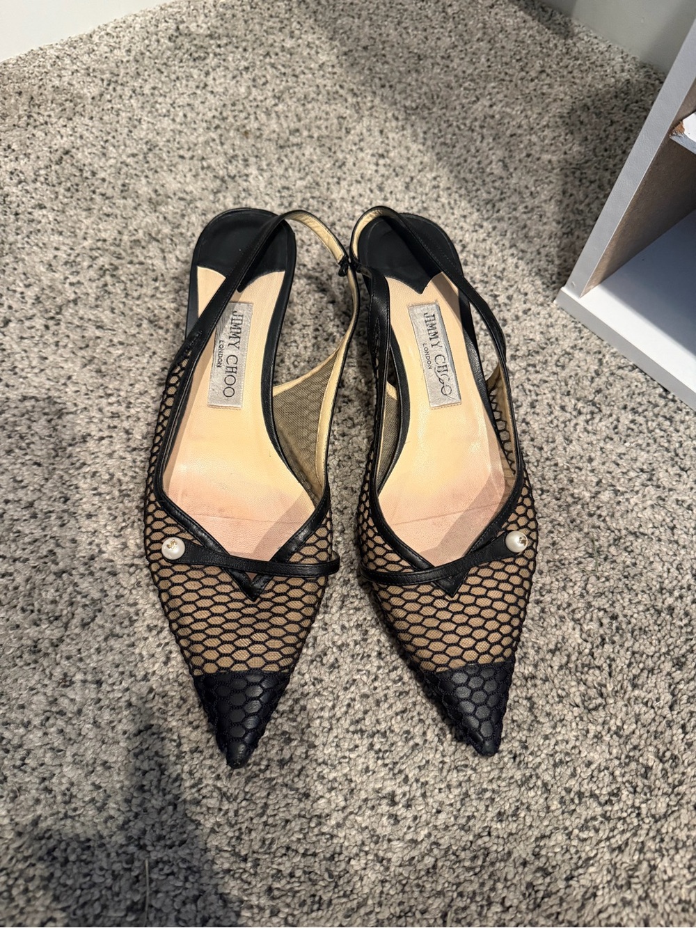 Jimmy Choo Black Mesh Pointed Slingback Heels with Pearl Accent